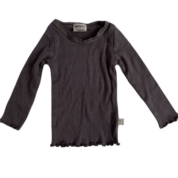 Wheat Gray Long Sleeve Ribbed Tee with Scoop Lace Neck and Ruffled Edge - Picture 1 of 1